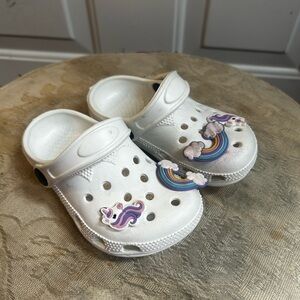 CROCS toddler White Kids Clogs with Rainbow & Unicorn charms
